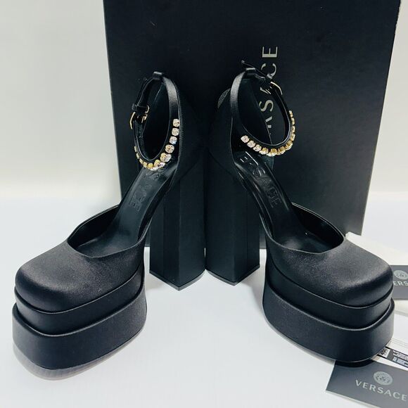 Versace Aevitas Platform Pumps EU 37.5/ US 7.5 Black Satin Crystal NIB $1,575 - Picture 14 of 16